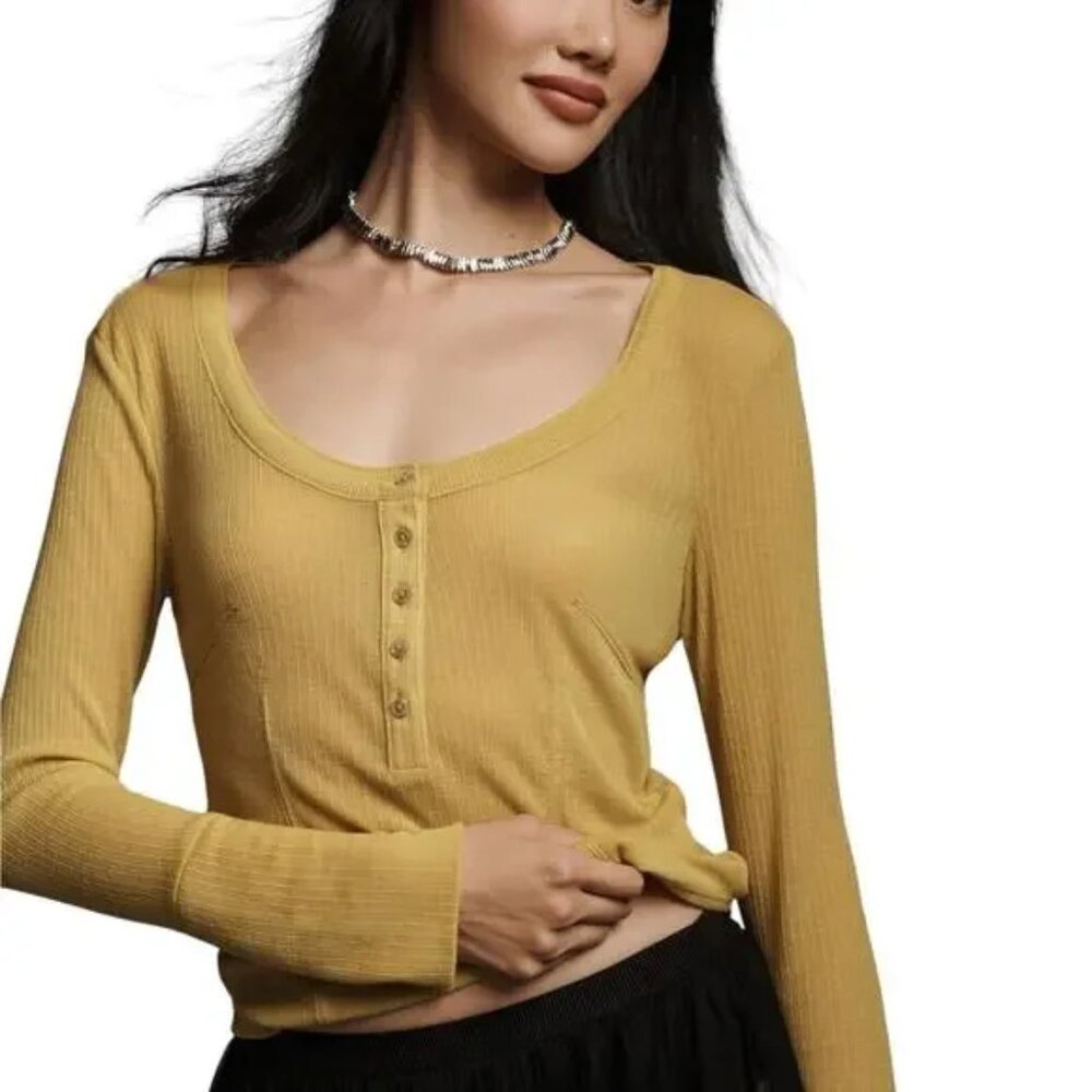 Anthropologie Pilcro Andie Ribbed Tissue Henley Top Chartreuse  NWT SZ L